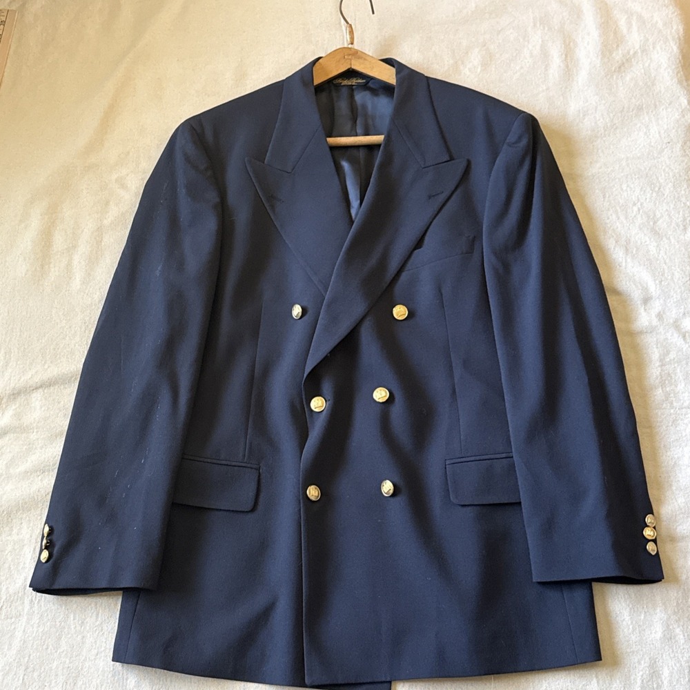 Brooks Brothers Double Breasted Blazer Mens 43R Navy Blue Gold Crest Buttons USA